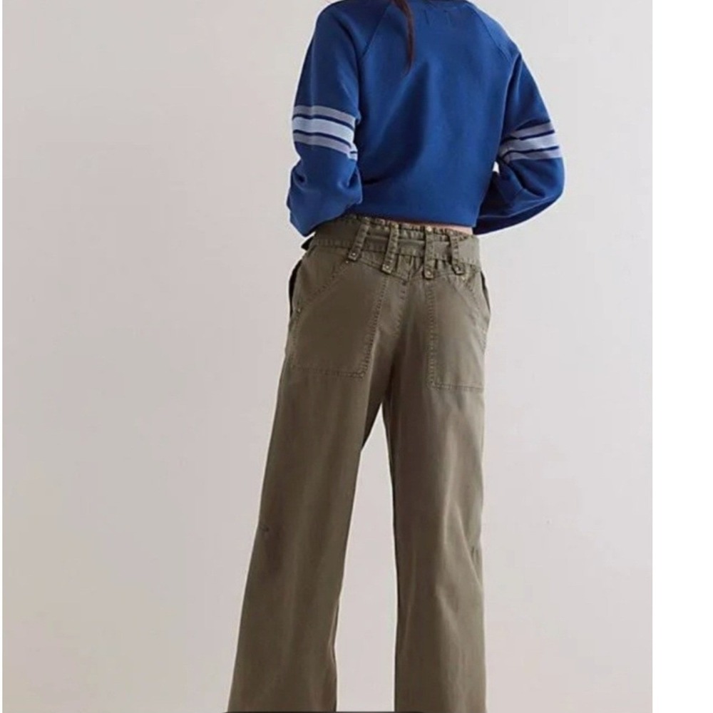 NEW Free People Sloane Belted Wide Leg Baggy Pants XS Green Herringbone Utility - Picture 5 of 10